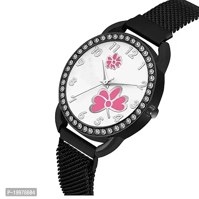 KIARVI GALLERY Casual Analogue Flower Printed Dial Full Diamond Designer Magnetic Metal Strap Analog Girl's and Women's Watch (Black Colored Strap) (Black-Pink)-thumb2