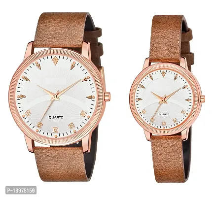 KIARVI GALLERY Brown Romen Digit White Dial Leather Strap Lovers Couple Analogue Men  Women's Watch (Pack of 2)