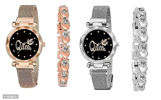 Clausal Black and Gold Queen Dial with Magnetic Metal Strap Analog Watch and 2 Present Gift Bracelet Set for Girls and Women Combo of 4 Gold and Silver-thumb0