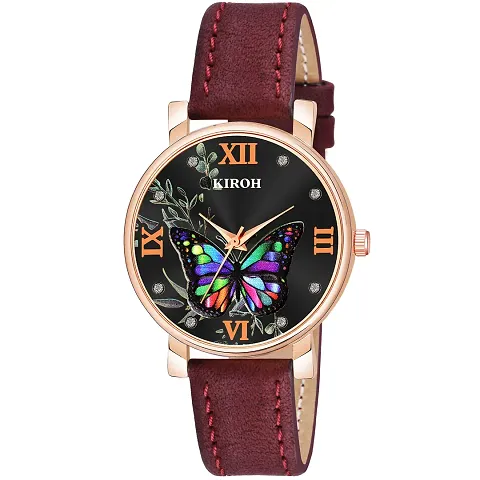 KIARVI GALLERY Analogue Butterfly Designer Dial Leather Strap Women's and Girl's Watch (Brown-Black)