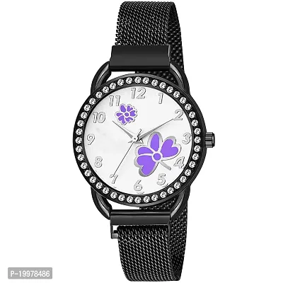 KIARVI GALLERY Casual Analogue Flower Printed Dial Full Diamond Designer Magnetic Metal Strap Analog Girl's and Women's Watch (Black Colored Strap) (Black-Purple)