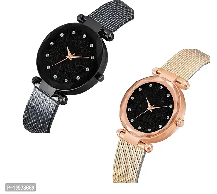 KIARVI GALLERY Clausal Analog 12 DM Dial Pack of 2 Combo PU Belt Analog Watches for Girls and Women (Pack of 2) (Black-Gold-12DM)-thumb2
