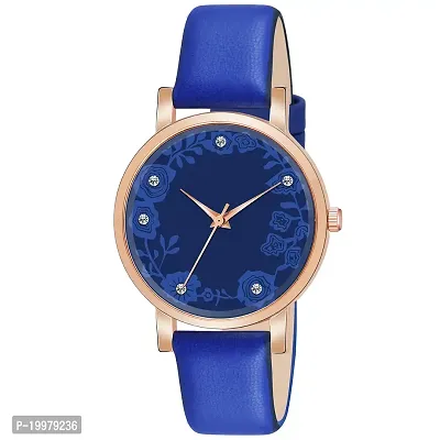 KIARVI GALLERY Analogue Diamond Studded Flower Dial Unique Designer Leather Strap Women's and Girl's Watch (Blue)