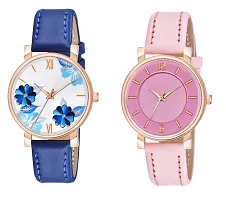 KIARVI GALLERY Analogue Pack of 2 Flowered and 6 to 12 Antique Dial Unique Designer Leather Strap Women's and Girl's Watch (Blue-Pink)-thumb3