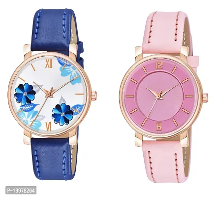 KIARVI GALLERY Analogue Pack of 2 Flowered and 6 to 12 Antique Dial Unique Designer Leather Strap Women's and Girl's Watch (Blue-Pink)-thumb4