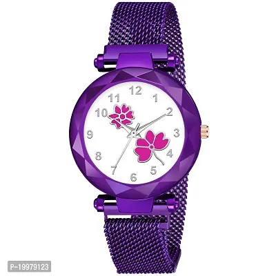 KIARVI GALLERY Analogue Flower Design Dial Magnetic Metal Strap Watch for Girl's and Women (Purple-Pink)