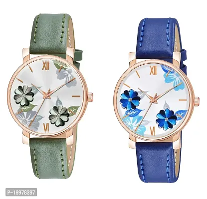 KIARVI GALLERY Analogue Flowered Dial Unique Designer Leather Strap Women's and Girl's Watch (Blue-Green)