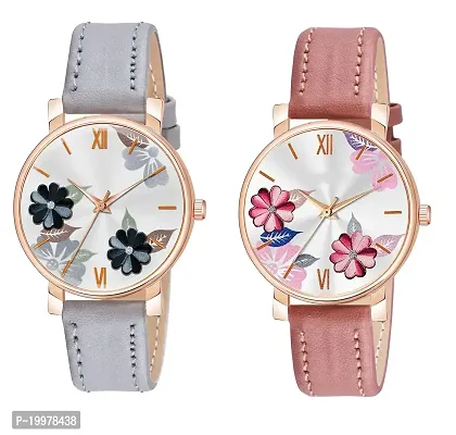 KIARVI GALLERY Analogue Flowered Dial Unique Designer Leather Strap Women's and Girl's Watch (Grey-Peach-P)