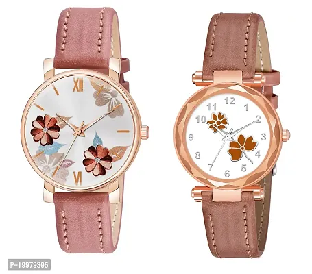 KIARVI GALLERY Analogue Pack of 2 Multicolored Flower Designer Leather Strap Women's and Girl's Watch (Peach-F)