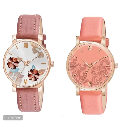 KIARVI GALLERY Analogue Pack of 2 Flower Designer Dial Leather Strap Women's and Girl's Watch (Peach-Peach)