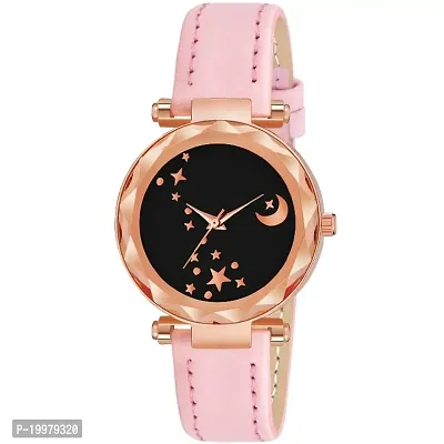 KIARVI GALLERY Analogue Moon Designer Dial Leather Strap Watch for Girls and Women(Peach) (Pink)