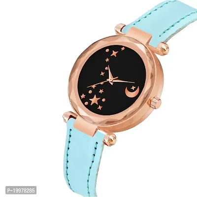 KIARVI GALLERY Analogue Moon Designer Dial Leather Strap Watch for Girls and Women(Peach) (Sky-Blue)-thumb2