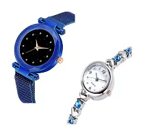 KIARVI GALLERY Blue 12 Diamond Magnet Strap and Diamond Studded Silver Bracelet Combo Analog Watch for Girl's and Women (Pack of 2)-thumb1