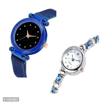 KIARVI GALLERY Blue 12 Diamond Magnet Strap and Diamond Studded Silver Bracelet Combo Analog Watch for Girl's and Women (Pack of 2)-thumb2