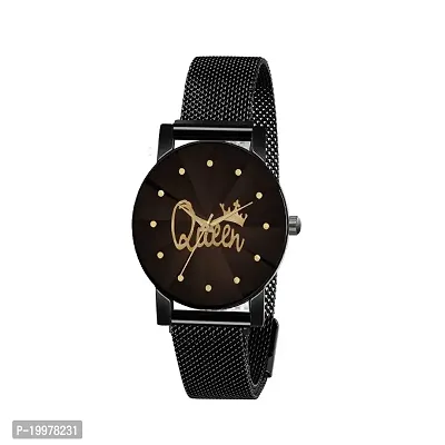 KIARVI GALLERY Black Queen Dial Prism Glasses with Magnetic Metal Strep Analog Watch for Girls and Women