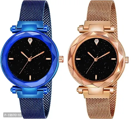 Kiarvi Gallery Black dial and 4 figer with Blue and Gold Magnetic Buckle Starry Belt Analog Watch Quartz Watch for Women