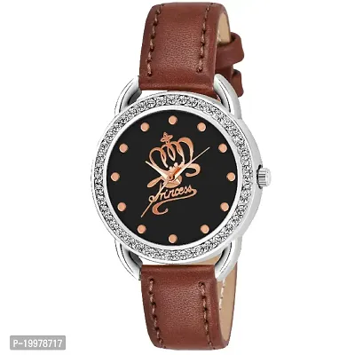 KIARVI GALLERY Analogue Girl's and Women's Watch(Black Silver Princess Dial,Black Leather Strap) (Brown)