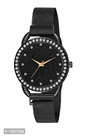 KIARVI GALLERY Clausal 12 Diamond Designer Black Magnet Strap Analog Watch for Girl's and Women-thumb0