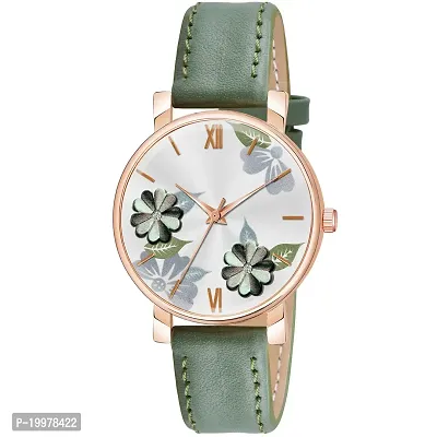 KIARVI GALLERY Analogue Flowered Dial Unique Designer Leather Strap Women's and Girl's Watch(Green)-thumb0