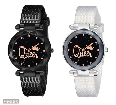 KIARVI GALLERY Analogue Queen Dial Pack of 2 Combo PU Strap Analog Watches for Girls and Women (Pack of 2) (Black and Silver)