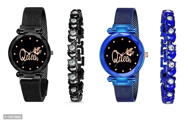 KIARVI GALLERY Clausal Black and Gold Queen Dial with Magnetic Metal Strap Analog Watch and 2 Present Gift Bracelet Set for Girls and Women (Combo of 4) (Black and Blue)