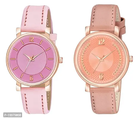 KIROH Analog Round Dial Designer Premium Leather Strap Analog Watch for Girls  Women(GRN-GRN) (Pink-Peach)