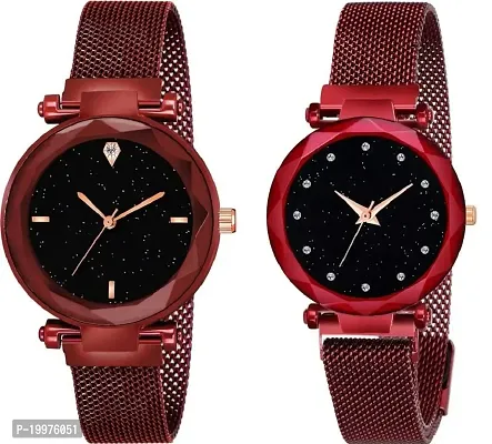 Kiarvi Gallery Black dial 12 Diamond and 4 figer with red Magnetic Buckle Starry Belt Analog Watch Quartz Watch for Women