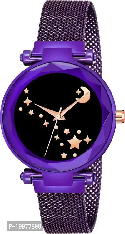 KIARVI GALLERY Purple Moon Star Dial Designer with Magnetic Metal Strap Analog Watch for Girl's and Women