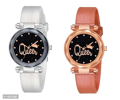 KIARVI GALLERY Analogue Queen Dial Pack of 2 Combo PU Strap Analog Watches for Girls and Women (Pack of 2) (Rose Gold and Silver)