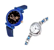 KIROHreg; Blue Queen Magnet Strap and Diamond Studded Silver Bracelet Combo Analog Watch for Girl's and Women (Pack of 2)-thumb1