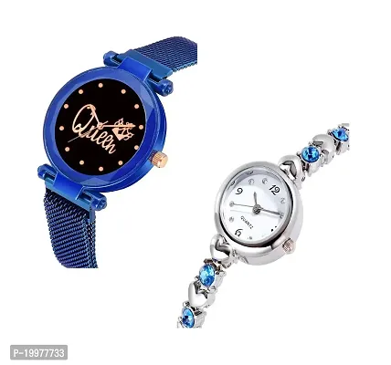 KIROHreg; Blue Queen Magnet Strap and Diamond Studded Silver Bracelet Combo Analog Watch for Girl's and Women (Pack of 2)-thumb2