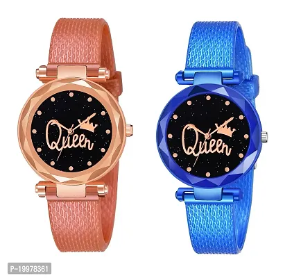 Analogue Queen Dial Pack of 2 Combo PU Strap Analog Watches for Girls and Women (Pack of 2) (Rose Gold and Blue)