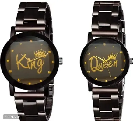 KIARVI GALLERY King Queen Black Dial Square Cut Glass Metal Strep Analogue Men  Women's Couple Watch (Pack of 2)