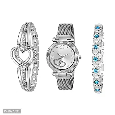 KIARVI GALLERY Branded Heart Dial Magnet Strap Analog Watch for Girls or Women and 2 Present Gift Bracelet Combo for Girls and Women(Combo of 3) (Silver Blue)