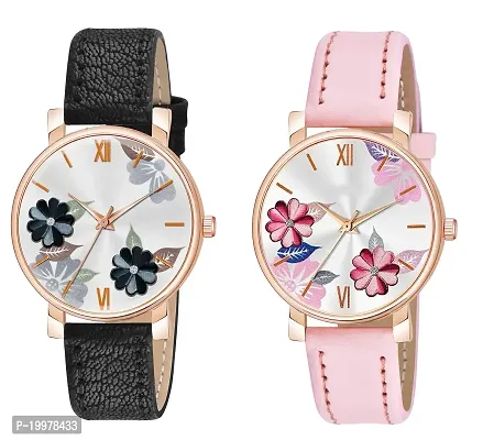 KIARVI GALLERY Analogue Flowered Dial Unique Designer Leather Strap Women's and Girl's Watch (Black- Pink)