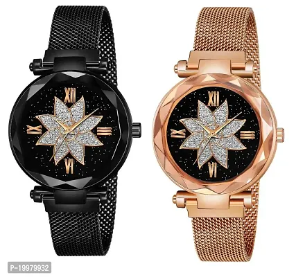 KIROH? Black and Gold Flower Star Dial Designer with Magnetic Metal Strap Analog Watch for Girl's and Women (Pack of 2)