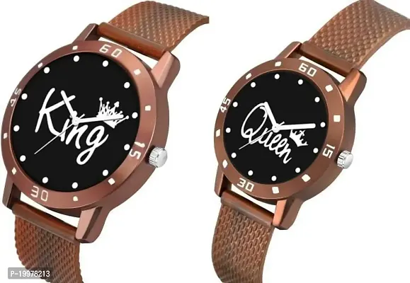 KIARVI GALLERY Analogue Lovers Couple King and Queen Dial PU Strap Men's and Women's Couple Watch(Combo, Pack of 2) (Brown-2)-thumb2