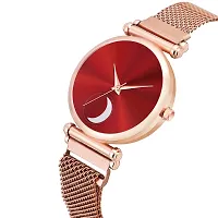 KIARVI GALLERY Analogue Moon Dial Unique Designer Magnetic Metal Strap Watch for Girl's and Women's (Rose Gold- Red)-thumb1