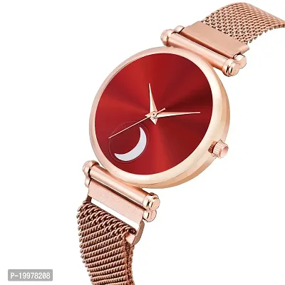 KIARVI GALLERY Analogue Moon Dial Unique Designer Magnetic Metal Strap Watch for Girl's and Women's (Rose Gold- Red)-thumb2