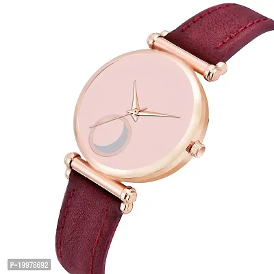 KIARVI GALLERY Clusal Analogue Moon Dial Unique Designer Leather Strap Watch for Girl's and Women's (Maroon)-thumb2