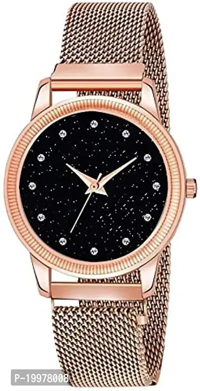 KIARVI GALLERY Black Dial Full Diamond Dial with Magnetic Metal Strap Analog Watch for Girl's and Women (Gold 12DM)-thumb0