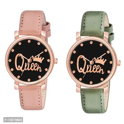KIARVI GALLERY Analogue Queen Designer Dial Leather Strap Combo Watch for Girls and Women(Blue-Brown) (Peach-Green)