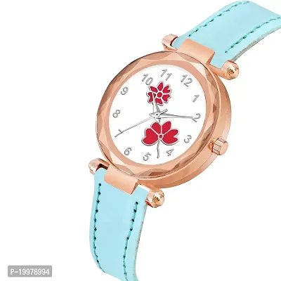 KIARVI GALLERY Analogue Flower Designer Leather Strap Women's and Girl's Watch (Sky Blue-Red)-thumb2