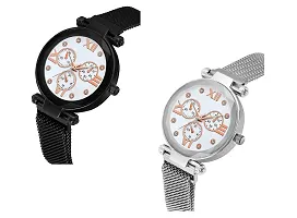 KIARVI GALLERY Black and Silver 2 Designer Magnetic Metal Strap Analog Girl's and Women's Watch (White Dial Black and Silver Color Pack of 2)-thumb1