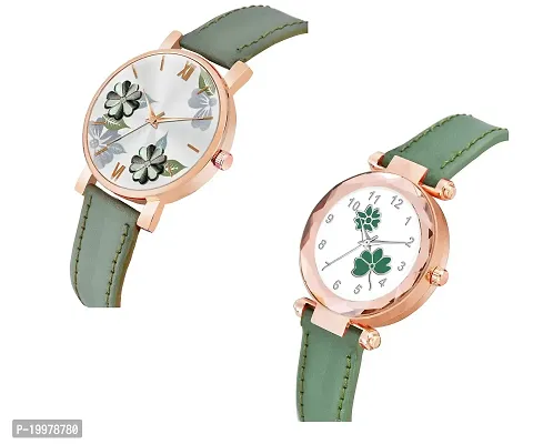 KIARVI GALLERY Analogue Pack of 2 Multicolored Flower Designer Leather Strap Women's and Girl's Watch (Green-F)-thumb2