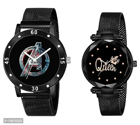 KIARVI GALLERY Analogue Black Avenger Print Dial and Queen Dial Magnetic Strap Men's and Women's Watches (Combo Pack of 2) (Black) (Black)