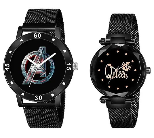 KIARVI GALLERY Analogue Blac Avenger Print Dial and Queen Dial Magnetic Strap Men's and Women's Watches (Combo Pack of 2)