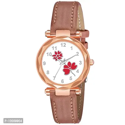 KIARVI GALLERY Analogue Flower Designer Leather Strap Women's and Girl's Watch (Peach-Red)-thumb0