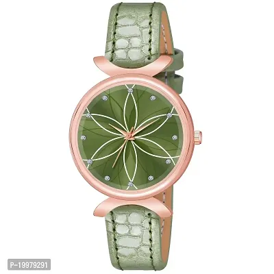 KIARVI GALLERY Analogue Black Full Flower Dial Unique Designer Leather Strap Women's and Girl's Watch (Green)