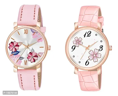 KIARVI GALLERY Analogue Round Dial Dual Flower Premium Leather Strap Watch for Girls and Women (Pack of -2, Grey-Black) (Pink-Pink)